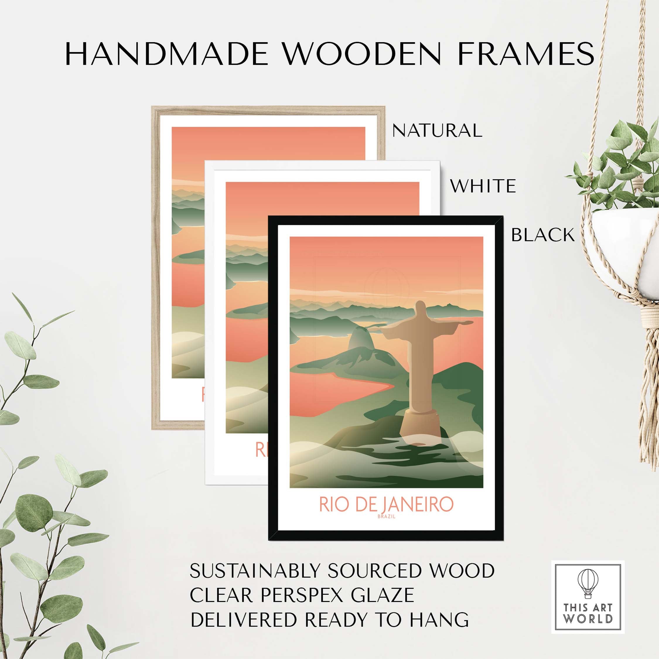 Handmade wooden frames for Rio de Janeiro wall art in natural, white, and black finishes, ready to hang.