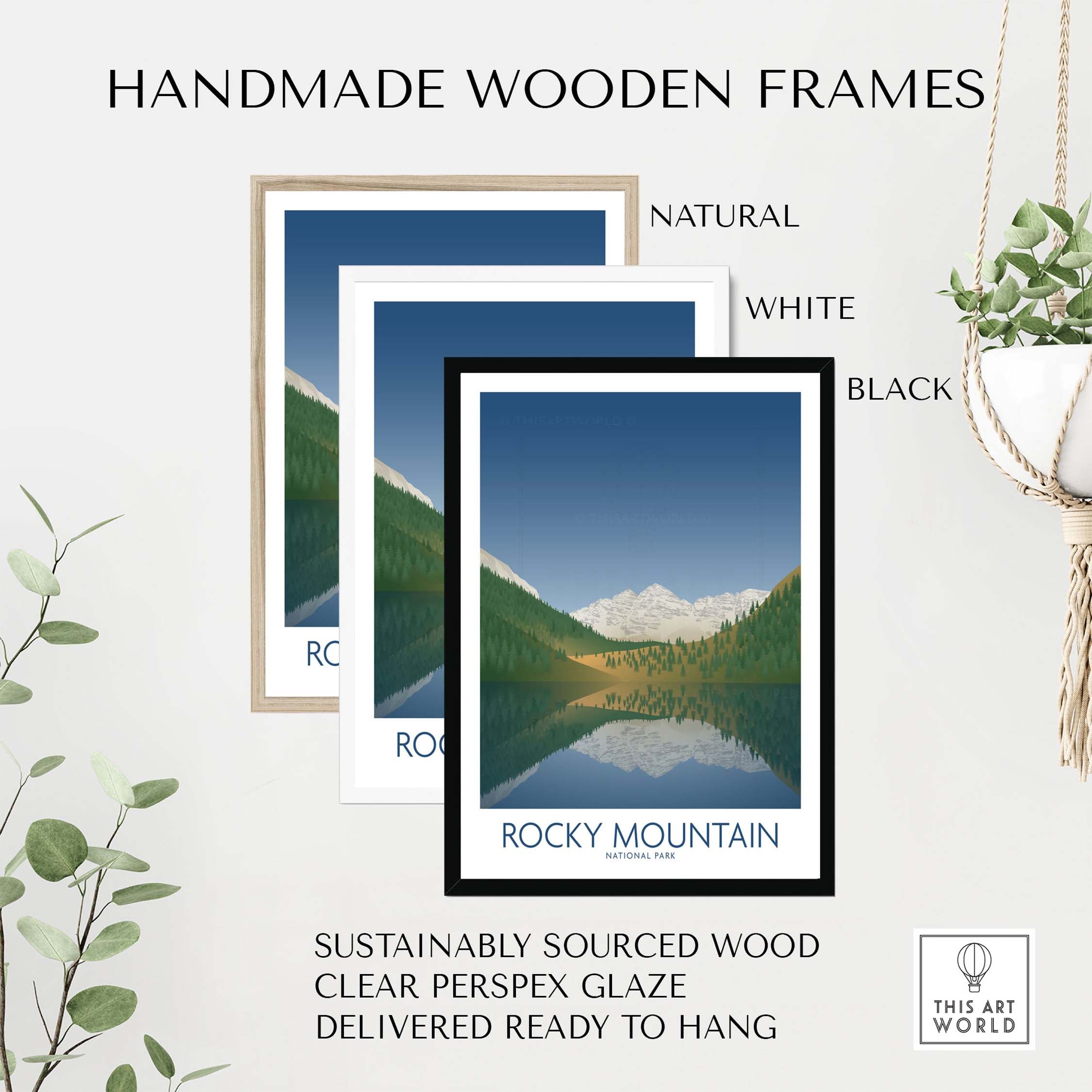 Three handmade wooden frames in natural, white, and black for Rocky Mountain National Park Art Print, ready to hang.