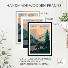Handmade wooden frames in natural, white, and black for Rocky Mountains Canada vintage prints, sustainably sourced and ready to hang.