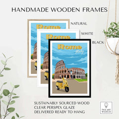 Handmade wooden frames for Rome Print Poster Wall Art in natural, white, and black finishes, ready to hang.