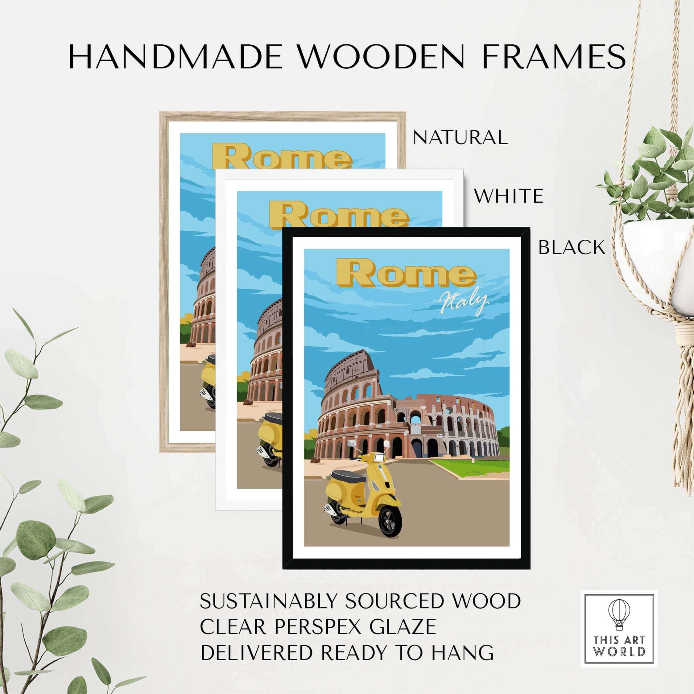 Handmade wooden frames for Rome Print Poster Wall Art in natural, white, and black finishes, ready to hang.