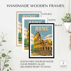 Handmade wooden frames in natural, white, and black showcasing a vintage Rome poster, sustainably sourced and ready to hang.