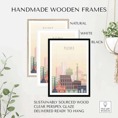 Handmade wooden frames in natural, white, and black for Rome City Skyline Print wall art, made from sustainably sourced wood.