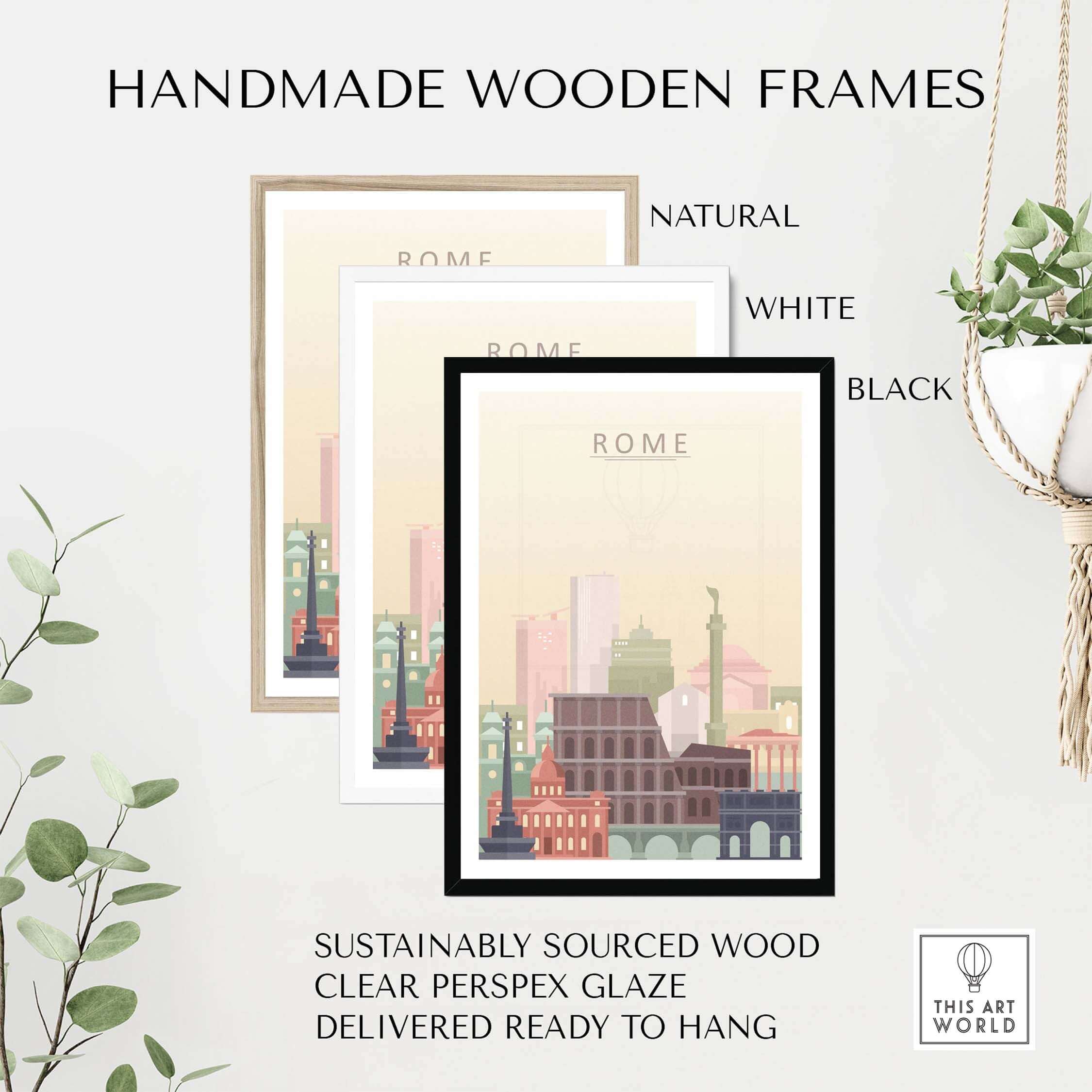 Handmade wooden frames in natural, white, and black for Rome City Skyline Print wall art, made from sustainably sourced wood.