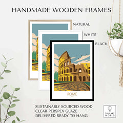 Handmade wooden frames in natural, white, and black for Rome poster travel print, made from sustainably sourced wood.
