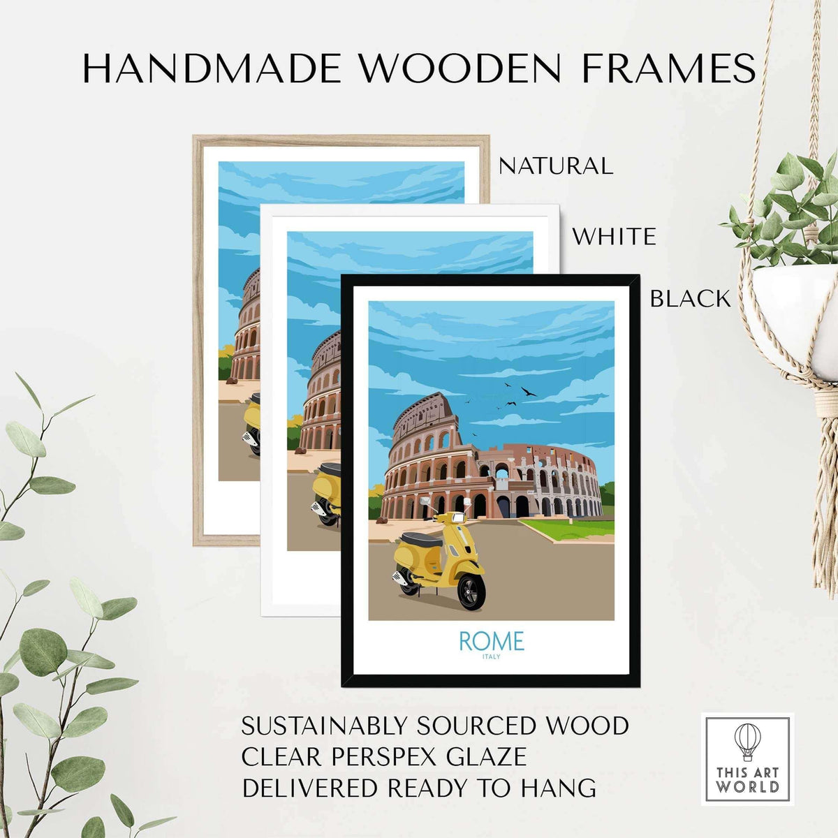 Handmade wooden frames in natural, white, and black for Rome Travel Poster Print, sustainably sourced and ready to hang.