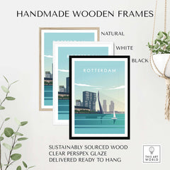 Handmade wooden frames in natural, white, and black for Rotterdam Print Wall Art, sustainably sourced and ready to hang.