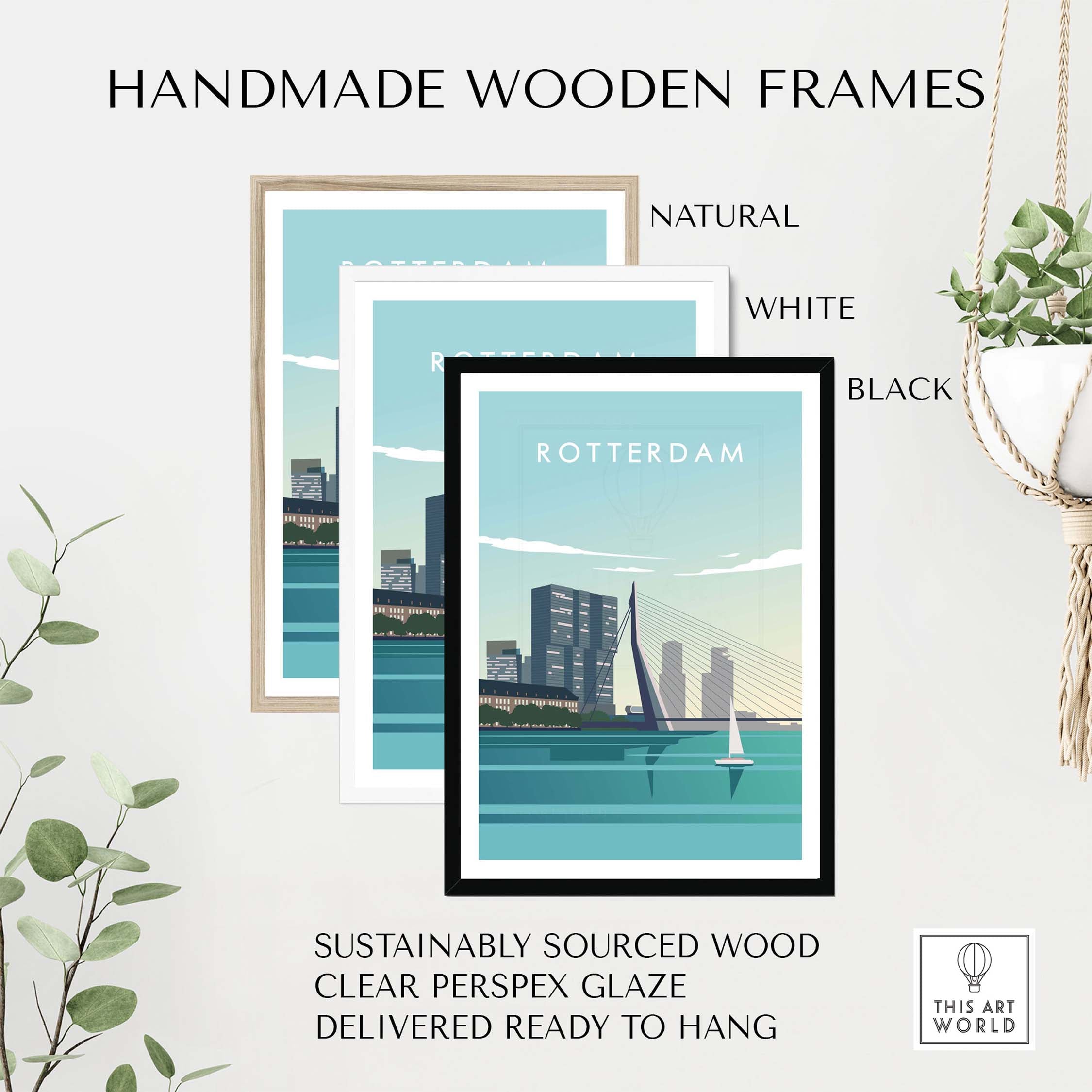 Handmade wooden frames in natural, white, and black for Rotterdam Print Wall Art, sustainably sourced and ready to hang.