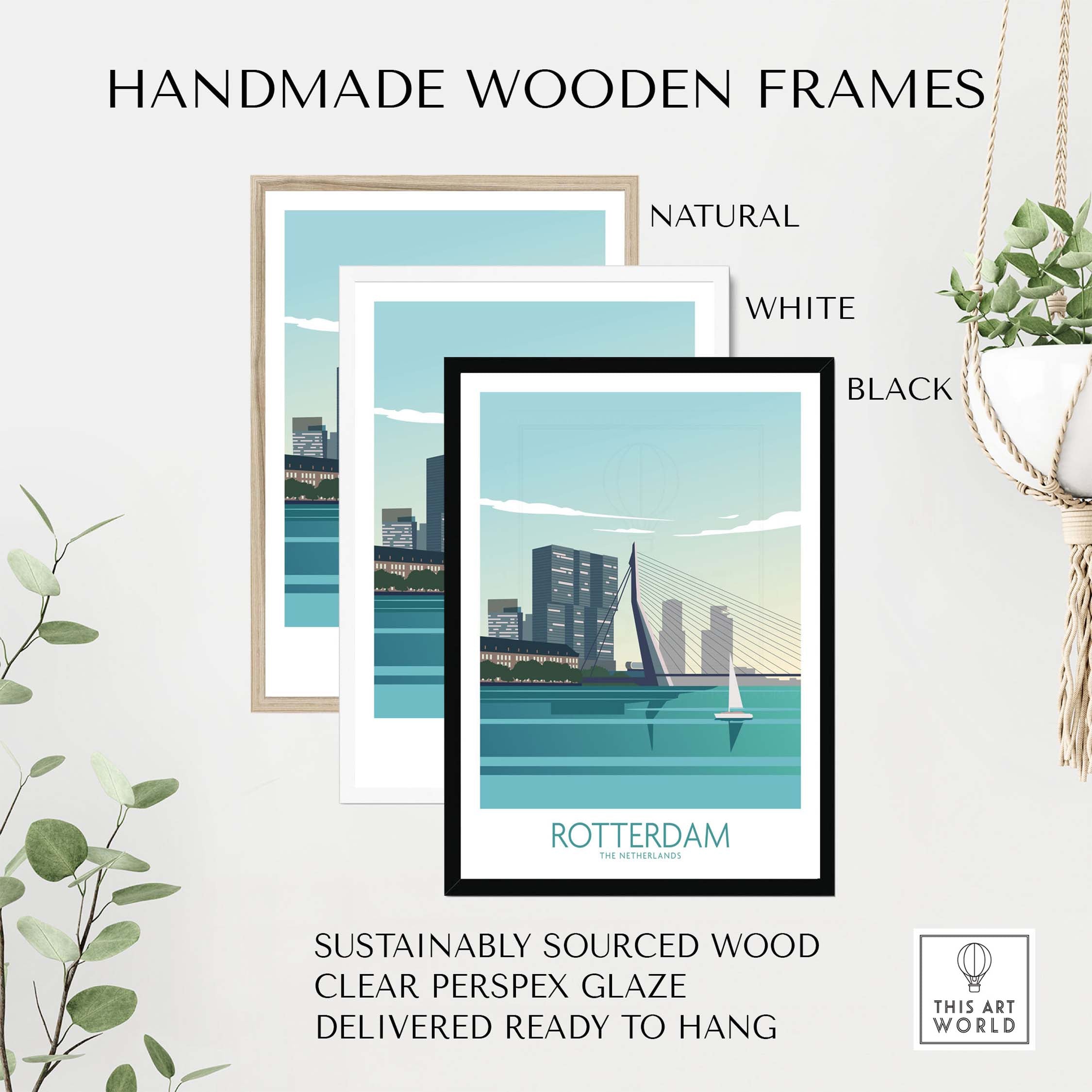 Rotterdam poster with handmade wooden frames in natural, white, and black options, sustainably sourced and ready to hang.