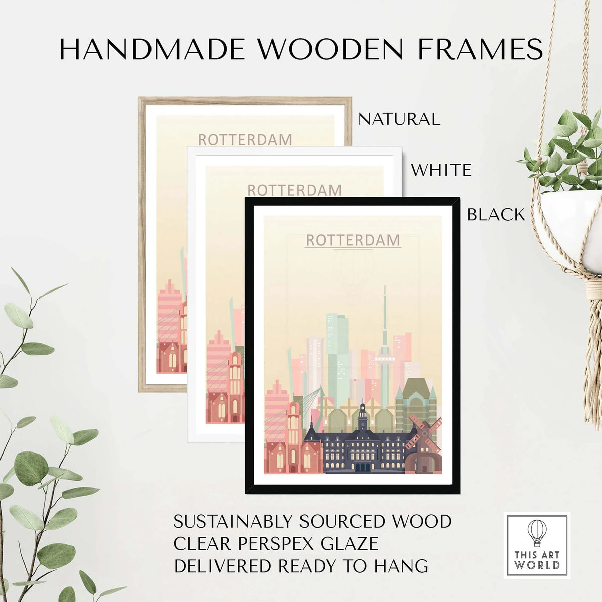 Handmade wooden frames in natural, white, and black for Rotterdam skyline prints, crafted from sustainably sourced wood.