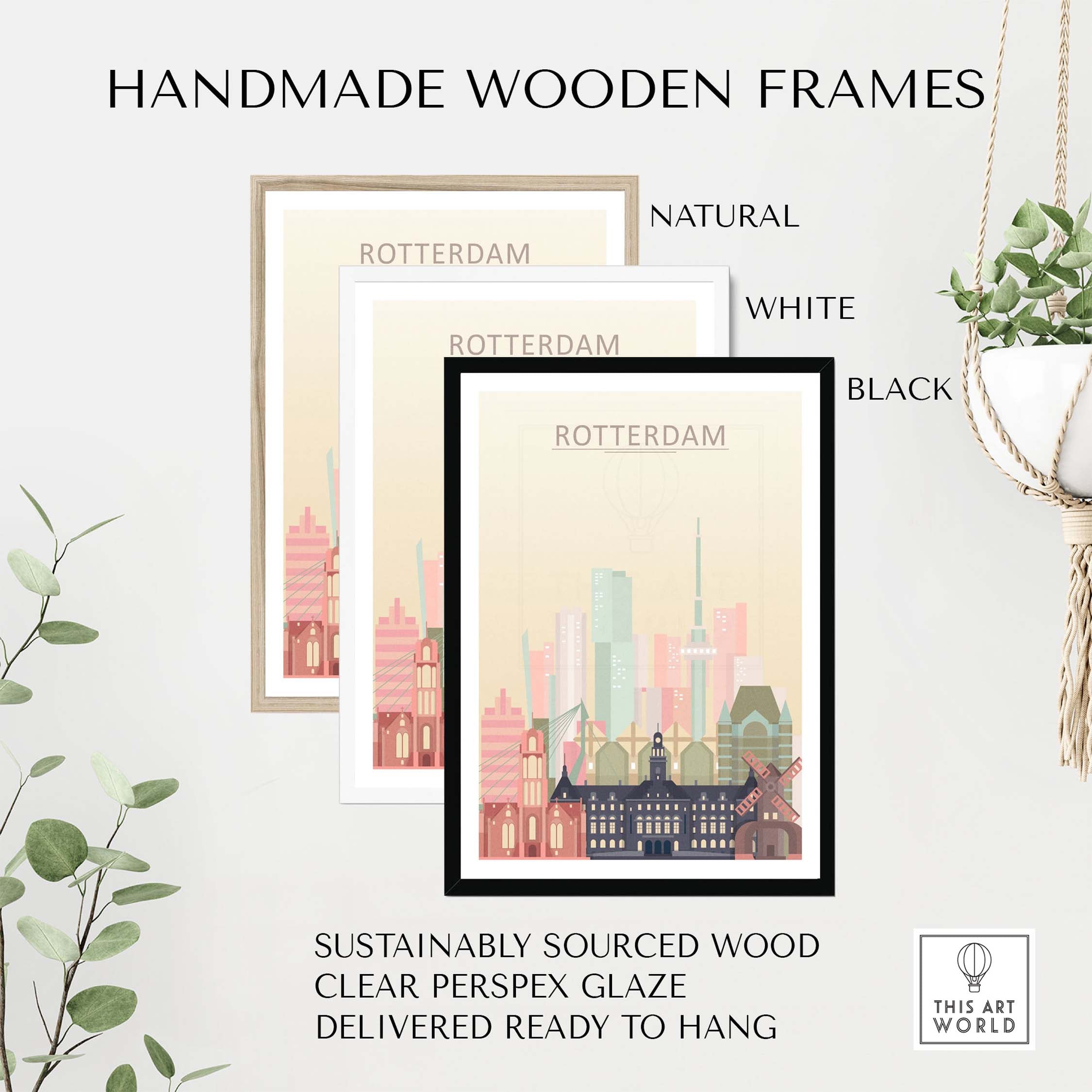 Handmade wooden frames in natural, white, and black for Rotterdam skyline prints, crafted from sustainably sourced wood.