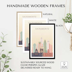 Handmade wooden frames for Sacramento Skyline Poster in natural, white, and black finishes, sustainably sourced wood.
