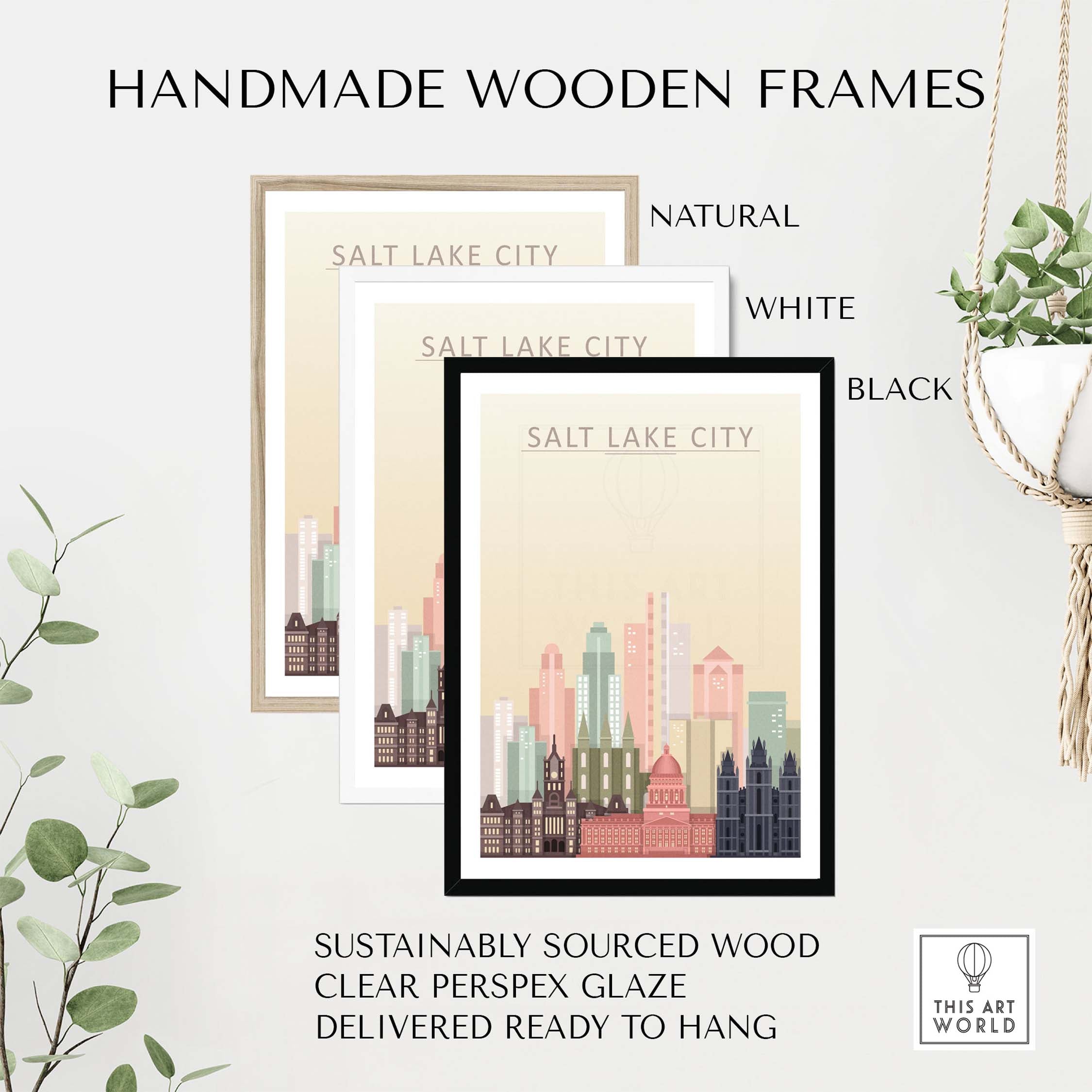 Handmade wooden frames in natural, white, and black showcasing Salt Lake City skyline art print.