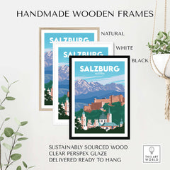 Handmade wooden frames in natural, white, and black for Salzburg travel poster prints, sustainably sourced and ready to hang.