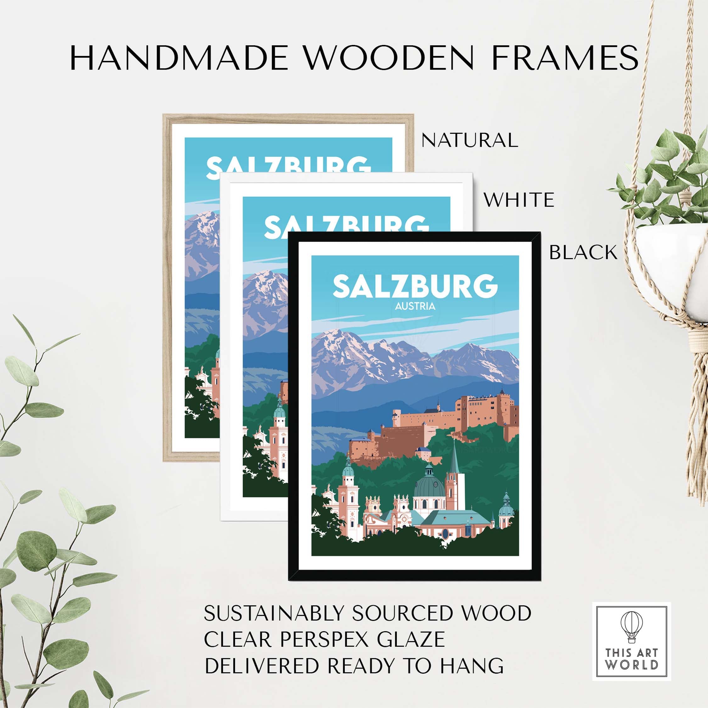 Handmade wooden frames in natural, white, and black for Salzburg travel poster prints, sustainably sourced and ready to hang.
