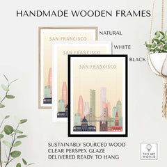 Handmade wooden frames in natural, white, and black for San Francisco skyline prints, sustainably sourced and ready to hang.
