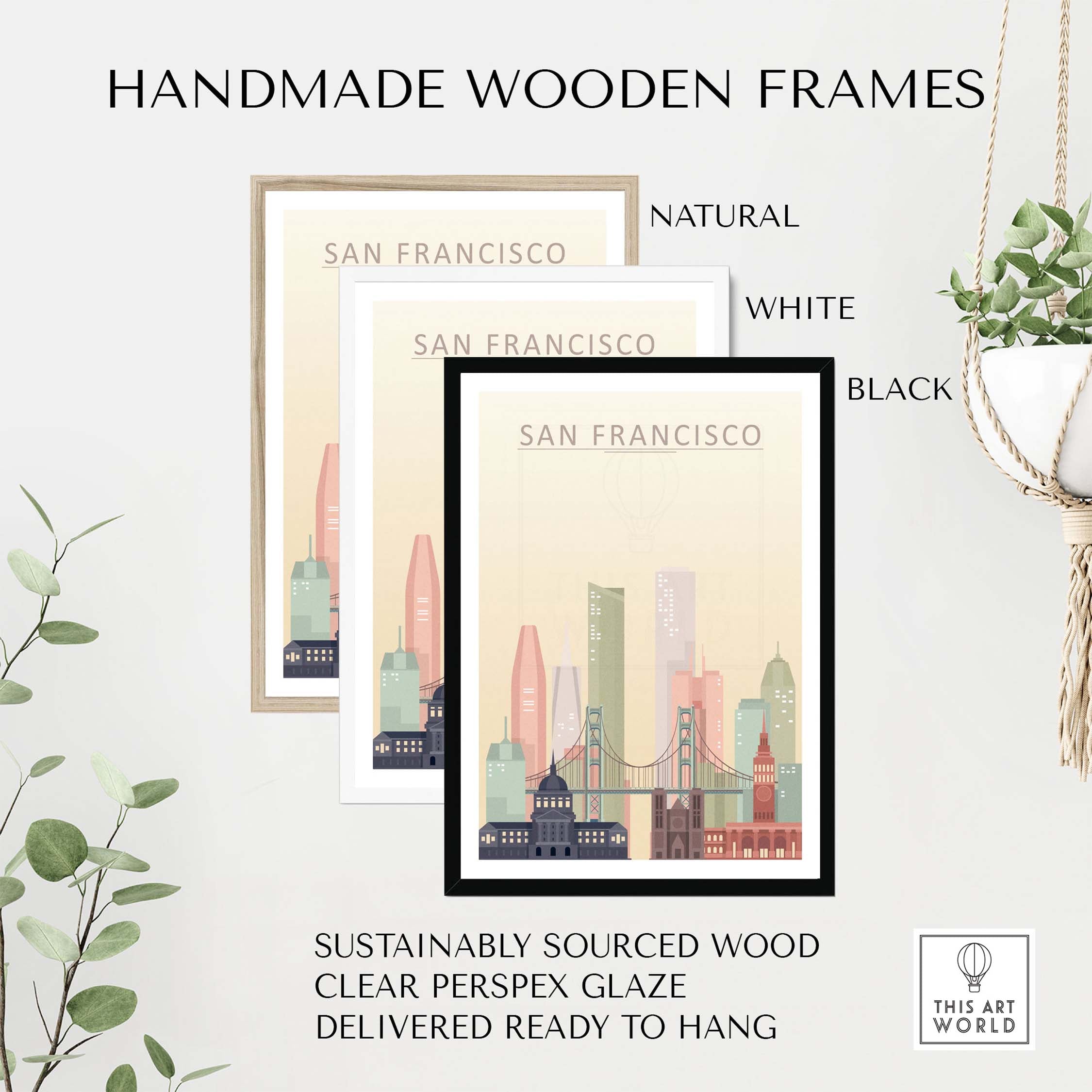 Handmade wooden frames in natural, white, and black for San Francisco skyline prints, sustainably sourced and ready to hang.