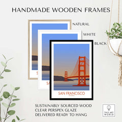 Handmade wooden frames in natural, white, and black colors for San Francisco Print Poster.