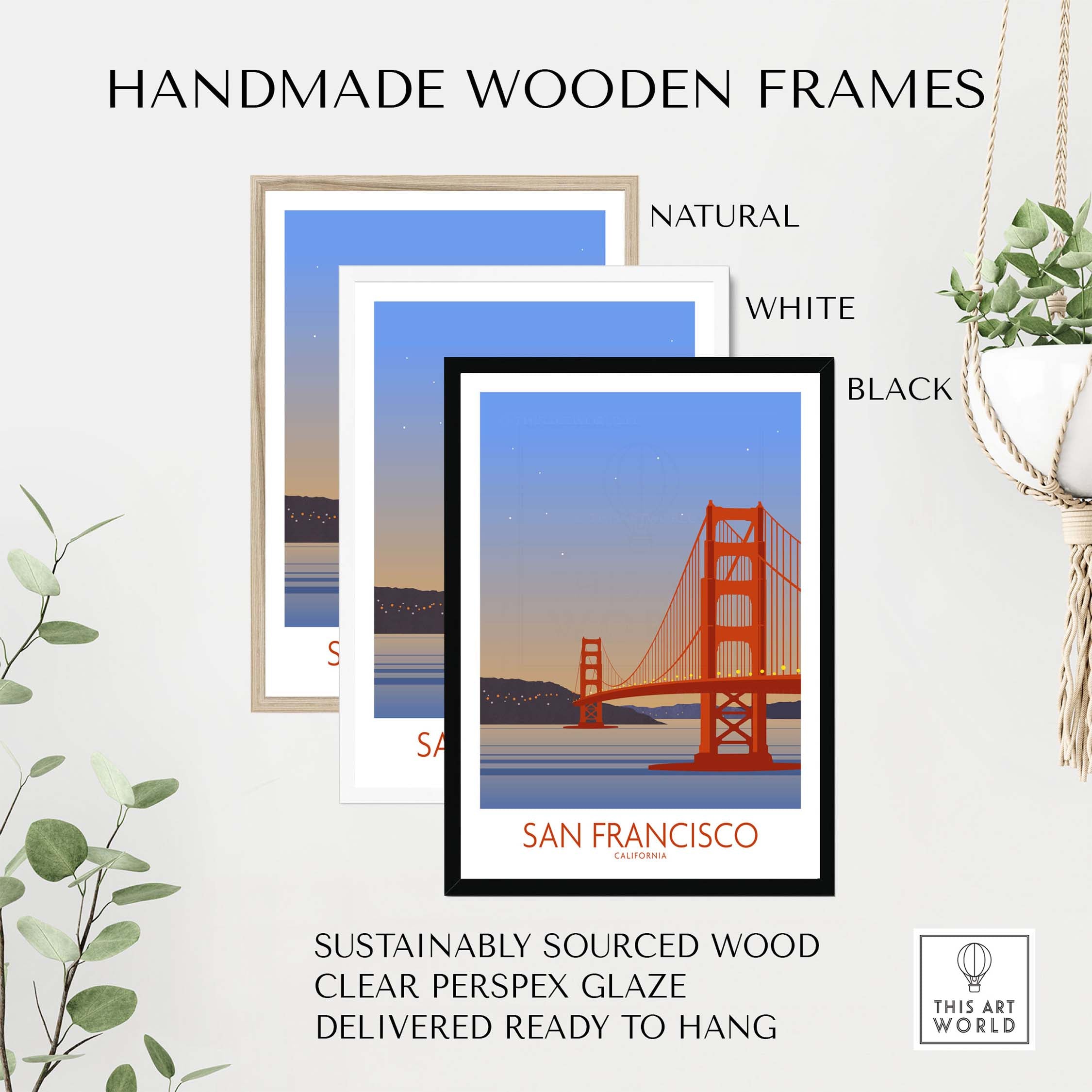 Handmade wooden frames in natural, white, and black colors for San Francisco Print Poster.