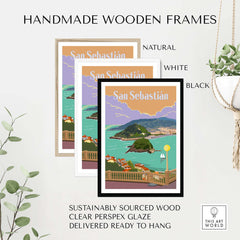 Handmade wooden frames for San Sebastian Spain poster prints in natural, white, and black finishes.
