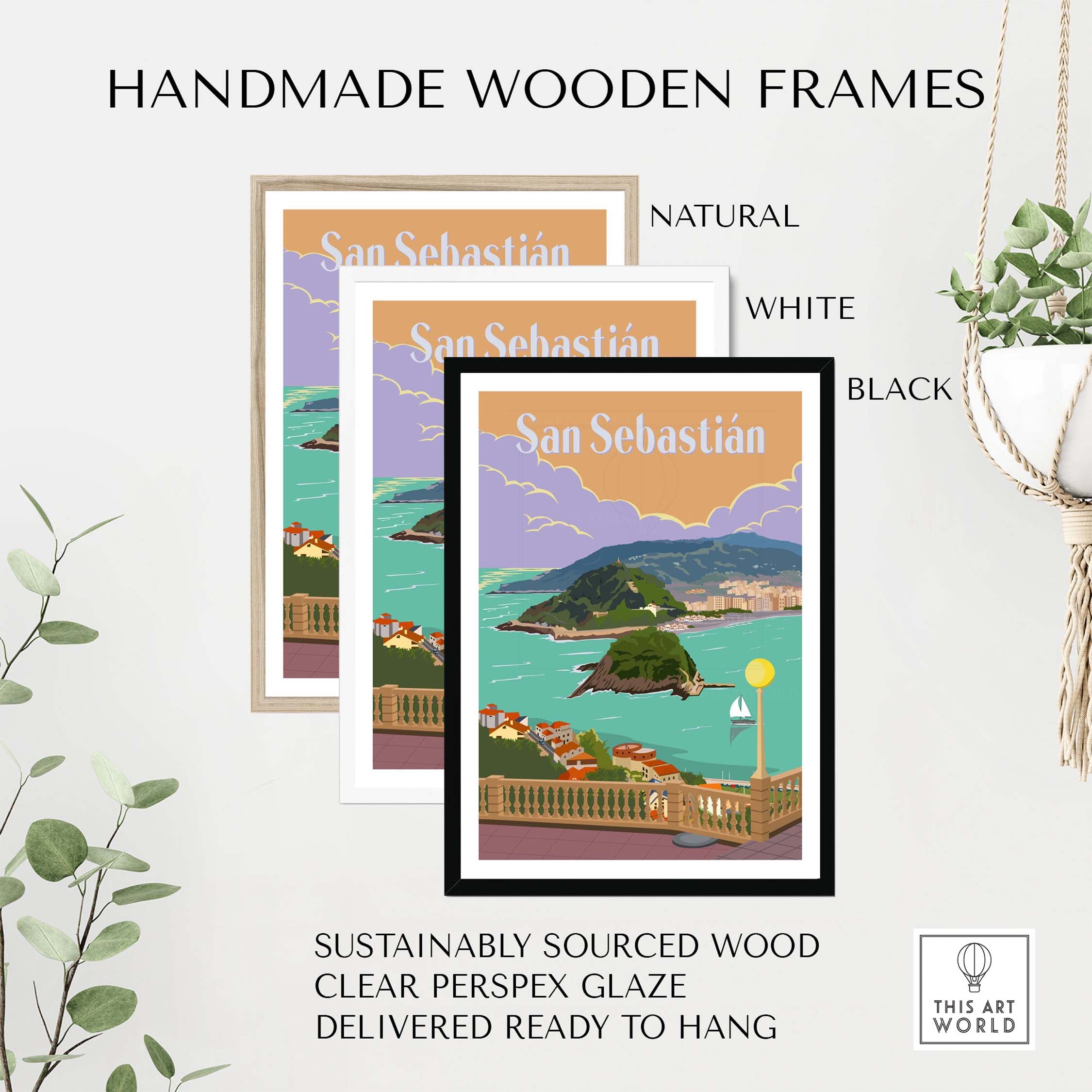 Handmade wooden frames for San Sebastian Spain poster prints in natural, white, and black finishes.