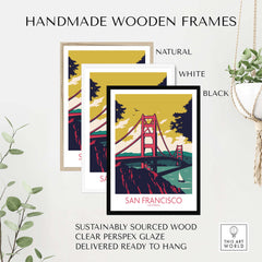 Handmade wooden frames in natural, white, and black for San Francisco poster prints with clear perspex glaze.