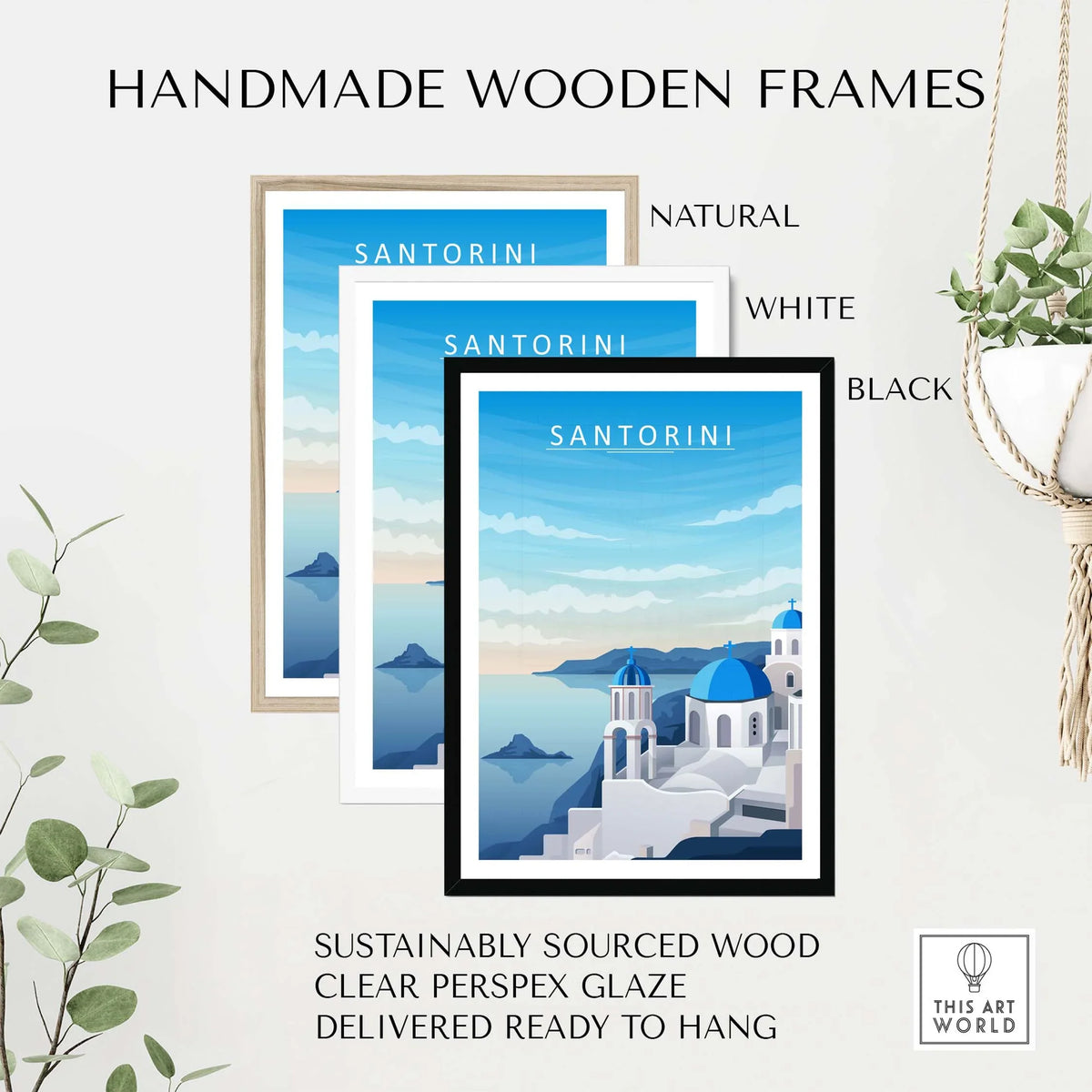 Handmade wooden frames for Santorini print art in natural, white, and black finishes, ready to hang.