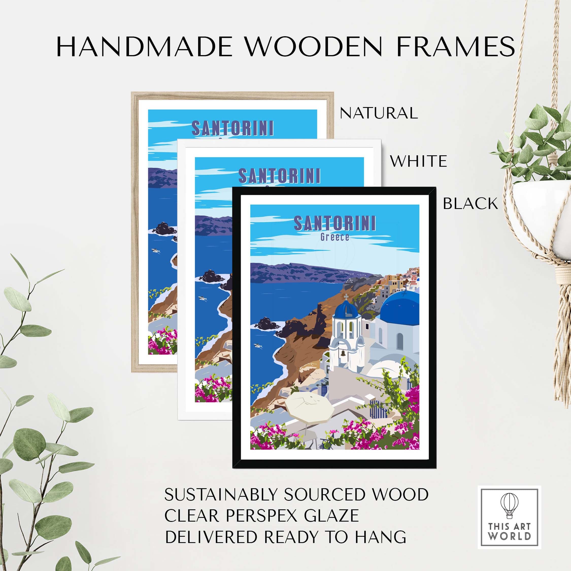 Handmade wooden frames in natural, white, and black for Santorini poster art, sustainably sourced and ready to hang.
