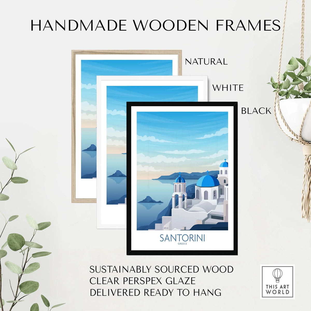 Handmade wooden frames in natural, white, and black for Santorini wall art, sustainably sourced and ready to hang.