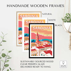 Handmade wooden frames in Natural, White, and Black for Sardinia Poster Print, made from sustainably sourced wood.