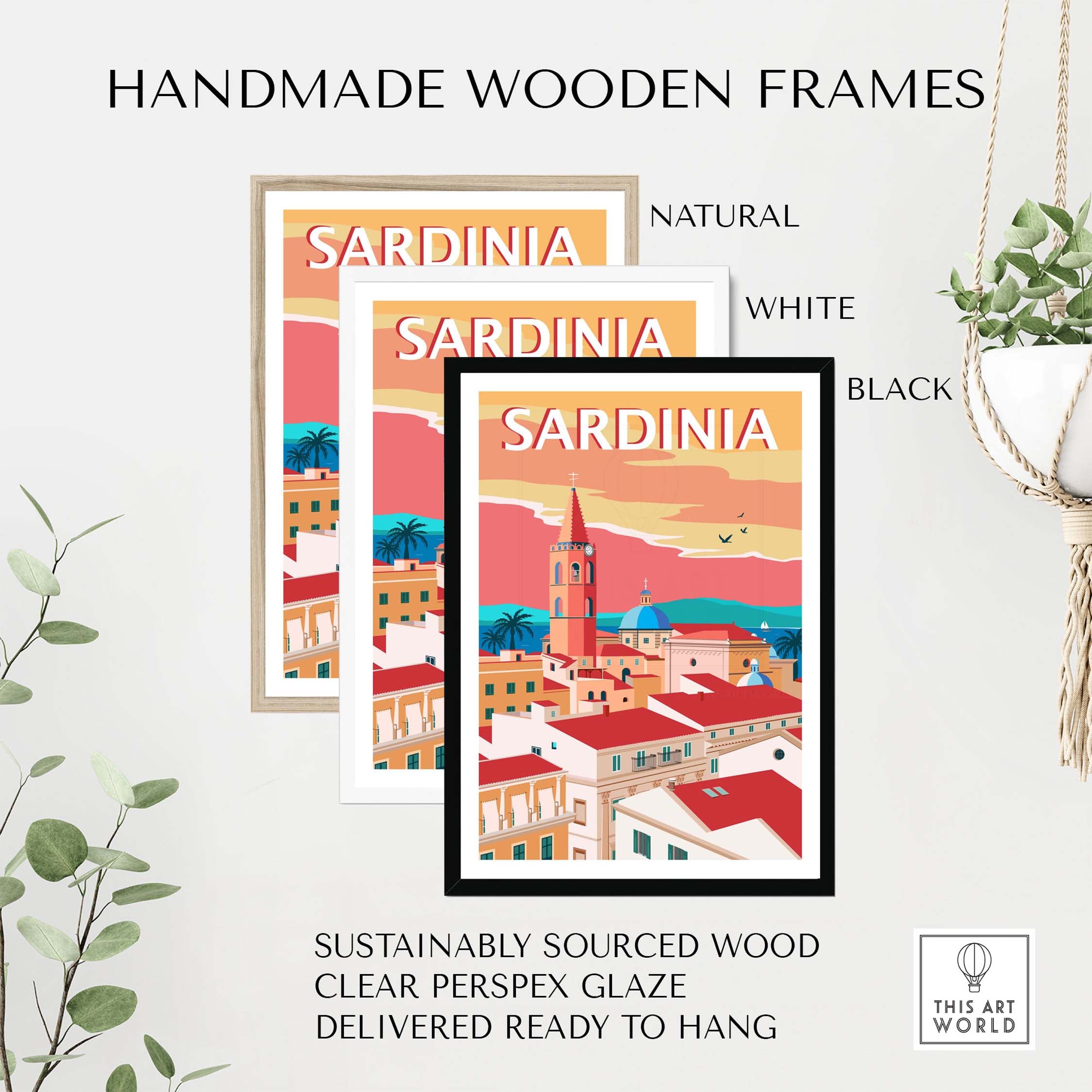Handmade wooden frames in Natural, White, and Black for Sardinia Poster Print, made from sustainably sourced wood.