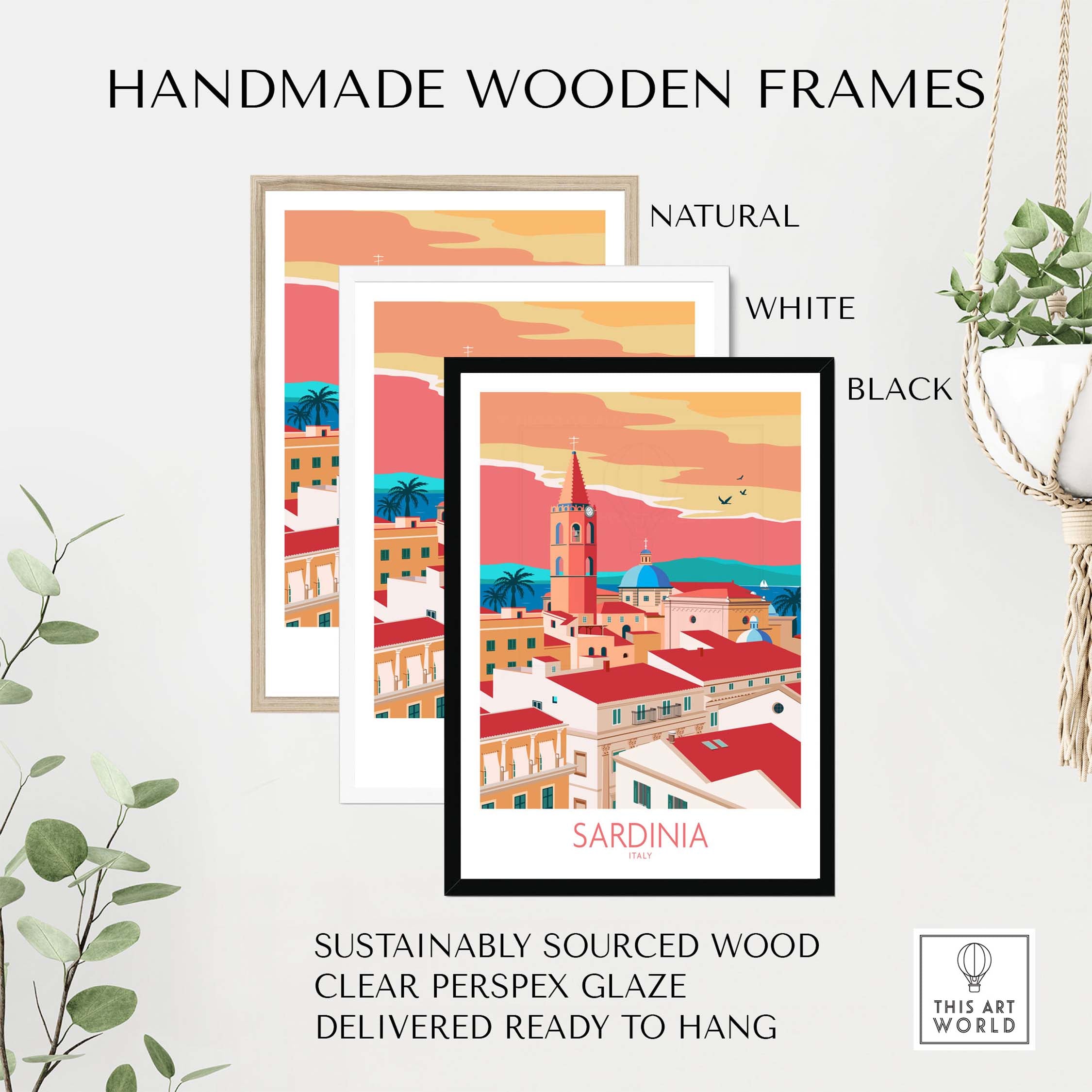 Handmade wooden frames in natural, white, and black for Sardinia Print travel poster, ready to hang artwork.