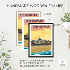 Handmade wooden frames for Scheveningen poster in natural, white, and black options, featuring sustainable wood and clear glaze.