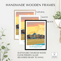 Handmade wooden frames in natural, white, and black for Scheveningen Print Den Haag, sustainably sourced and ready to hang.