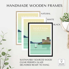 Handmade wooden frames in natural, white, and black for Scottish Highlands print wall art, sustainably sourced and ready to hang.