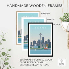 Handmade wooden frames for Seattle travel art poster, available in natural, white, and black finishes.