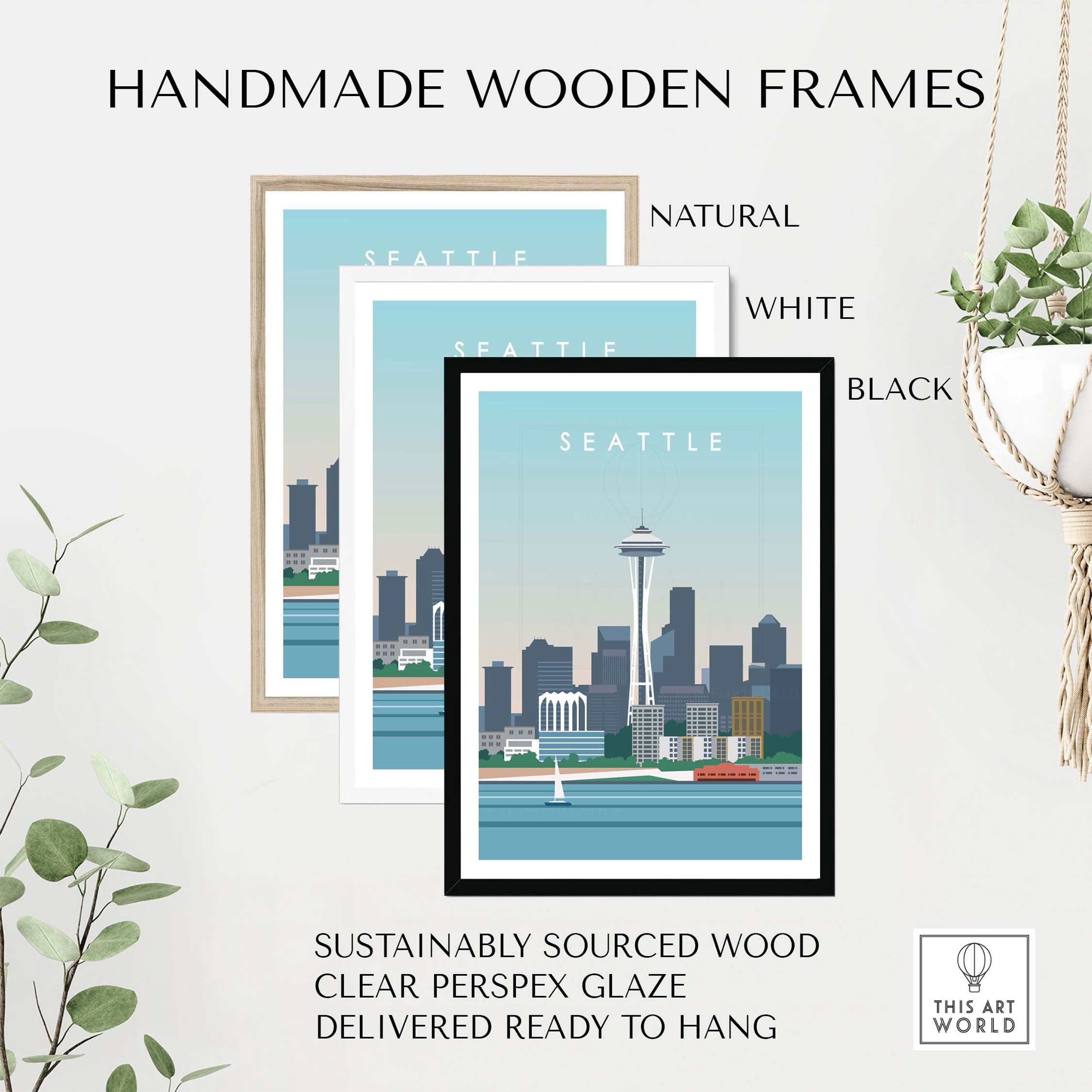 Handmade wooden frames for Seattle travel art poster, available in natural, white, and black finishes.