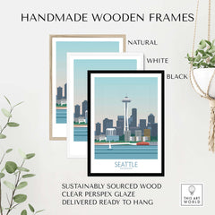 Handmade wooden frames for Seattle Poster Print in natural, white, and black finishes, sustainably sourced and ready to hang.