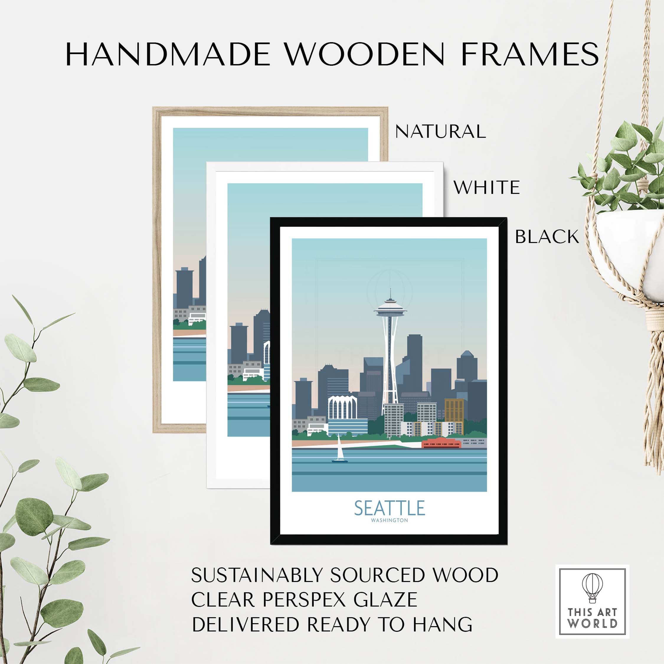 Handmade wooden frames for Seattle Poster Print in natural, white, and black finishes, sustainably sourced and ready to hang.