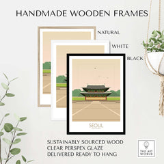 Handmade wooden frames in natural, white, and black for Seoul Print Travel Poster, sustainably sourced wood, ready to hang.