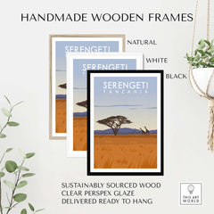 Serengeti Print Tanzania travel poster displayed in handmade wooden frames in natural, white, and black colors.