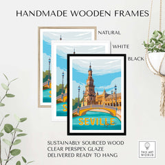 Handmade wooden frames in natural, white, and black showcasing Seville Print Poster Wall Art, ready to hang.