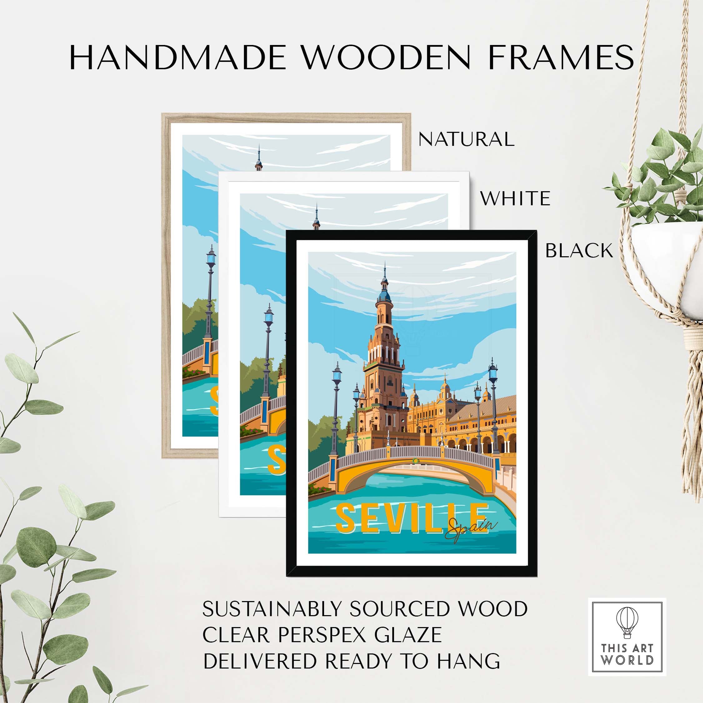 Handmade wooden frames in natural, white, and black showcasing Seville Print Poster Wall Art, ready to hang.