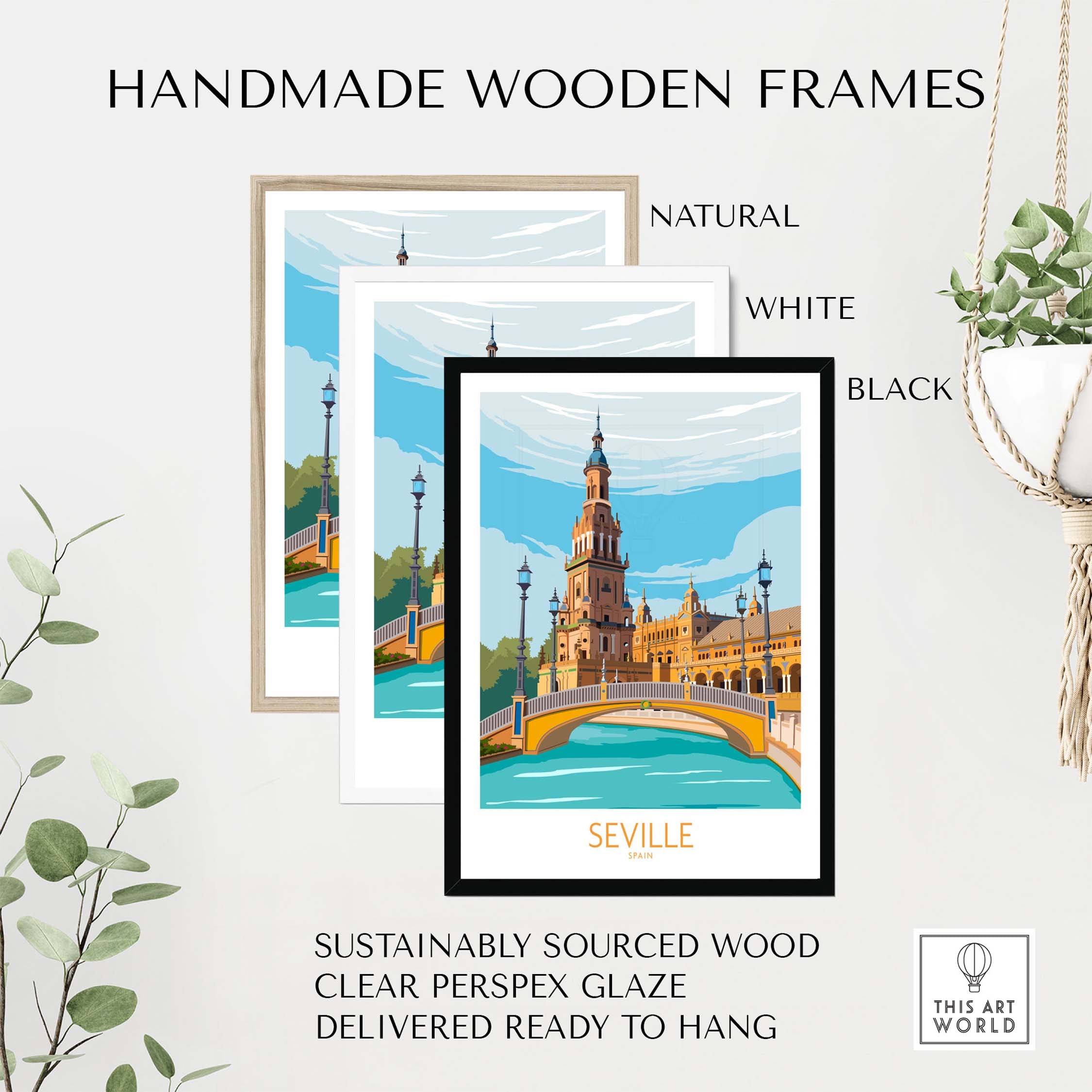 Handmade wooden frames in natural, white, and black for Seville travel art print, sustainably sourced and ready to hang.