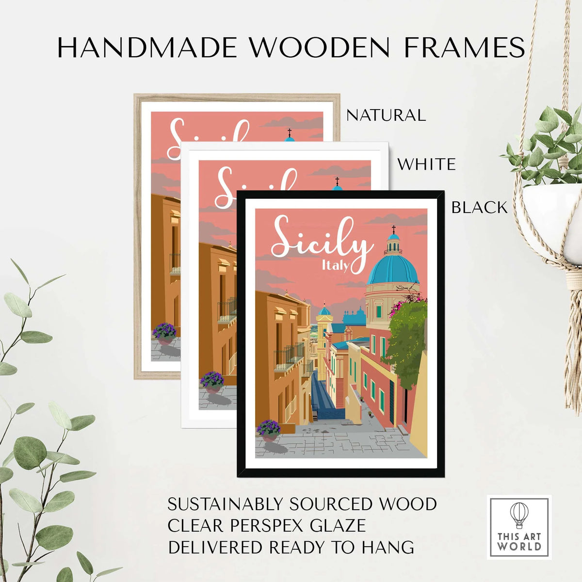 Handmade wooden frames in natural, white, and black for Sicily Print Italy Poster, sustainably sourced and ready to hang.