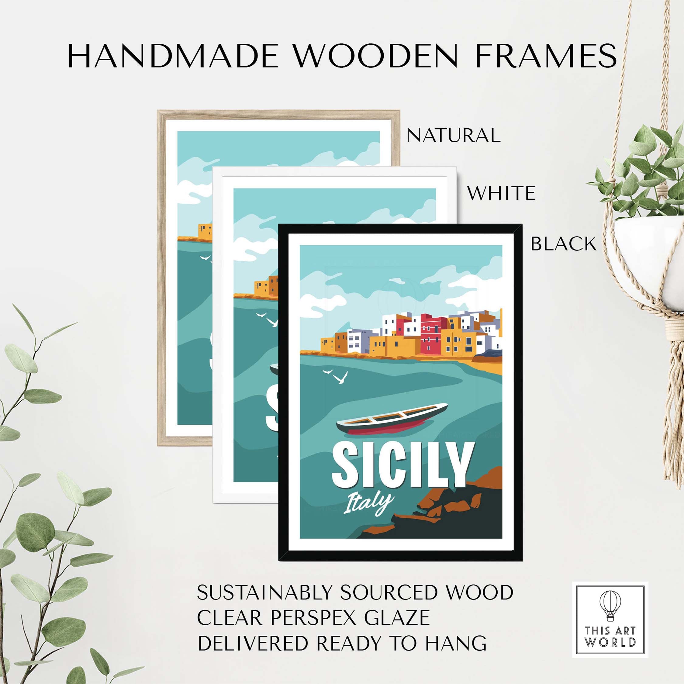 Sicily Poster Wall Art Print in handmade wooden frames, available in natural, white, and black finishes.