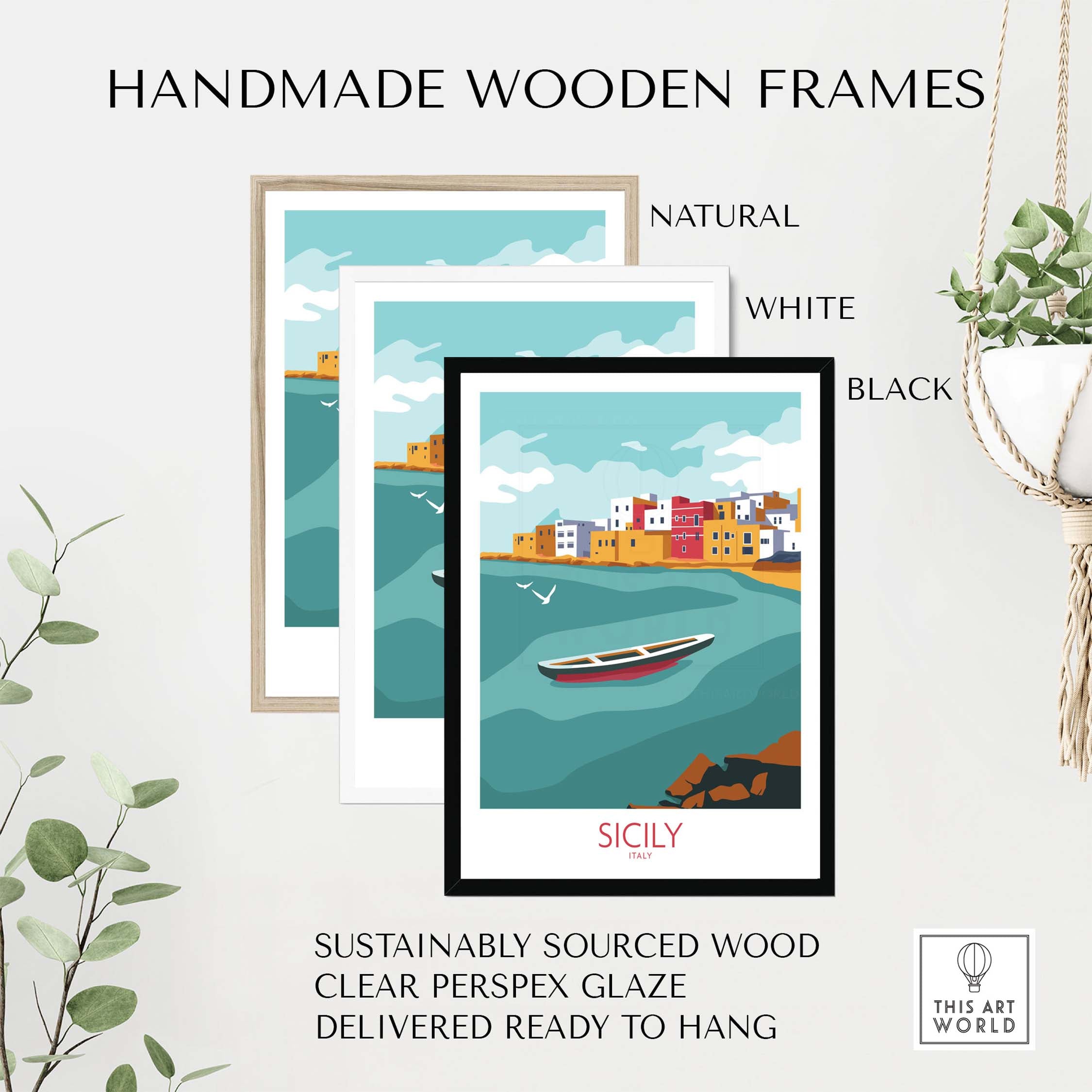 Handmade wooden frames in natural, white, and black for Sicily travel art print, sustainably sourced and ready to hang.