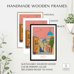 Handmade wooden frames in natural, white, and black for Sicily wall art print, sustainably sourced and ready to hang.