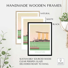 Handmade wooden frames in natural, white, and black for Singapore print travel poster, made from sustainable materials.
