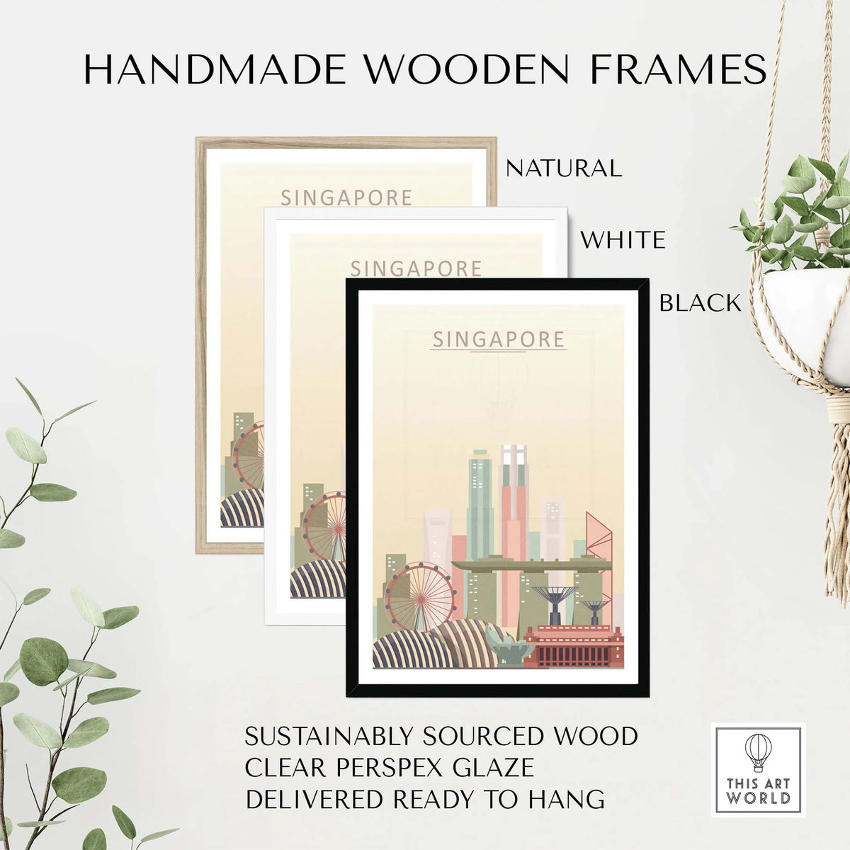 Handmade wooden frames in natural, white, and black for Singapore skyline print wall art, ready to hang.